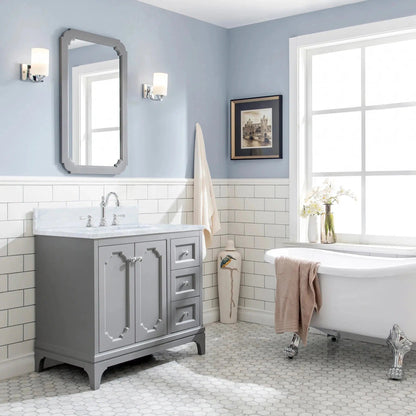 Water Creation Queen 36" Single Sink Carrara White Marble Countertop Vanity in Cashmere Grey with Hook Faucet and Mirror