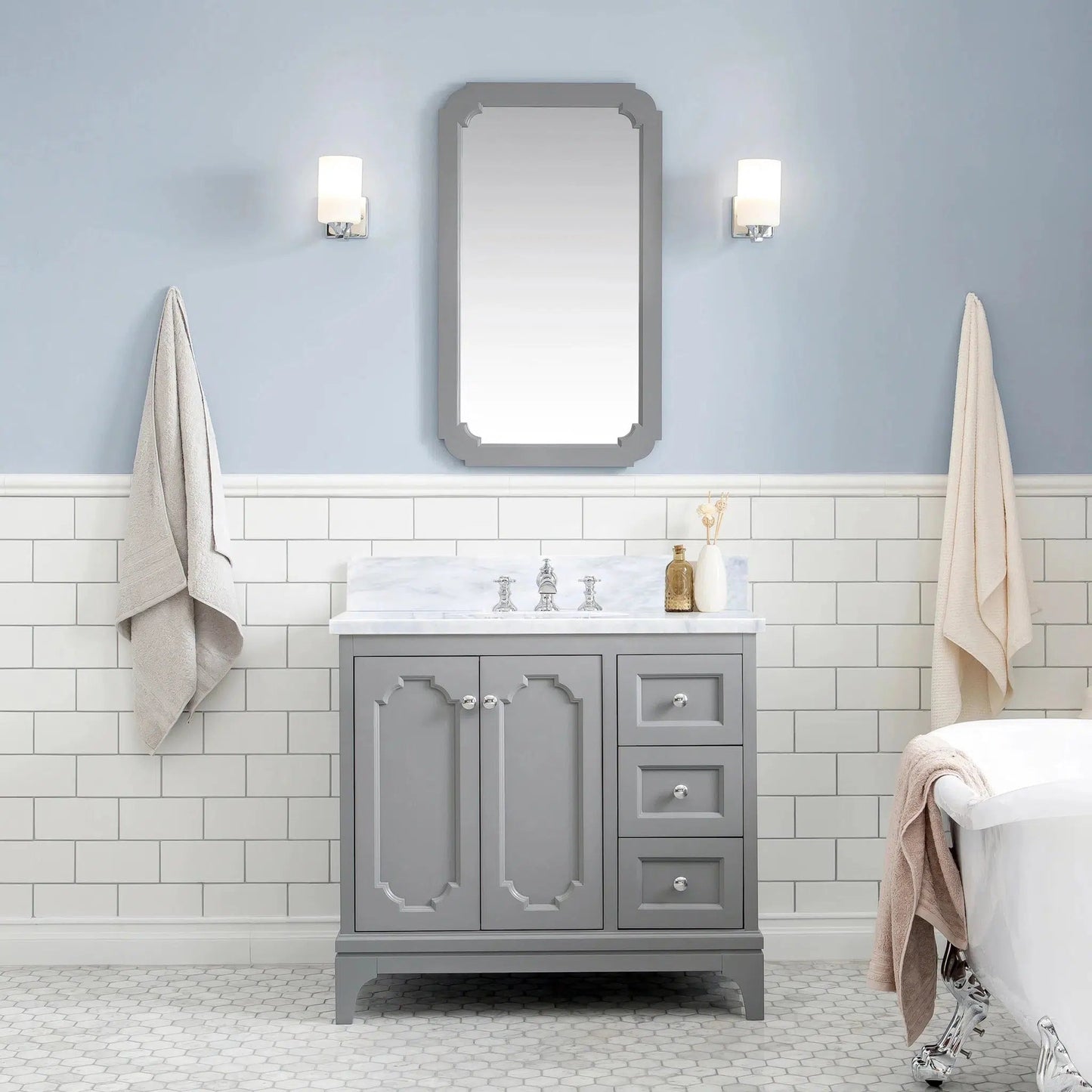 Water Creation Queen 36" Single Sink Carrara White Marble Countertop Vanity in Cashmere Grey with Hook Faucet and Mirror