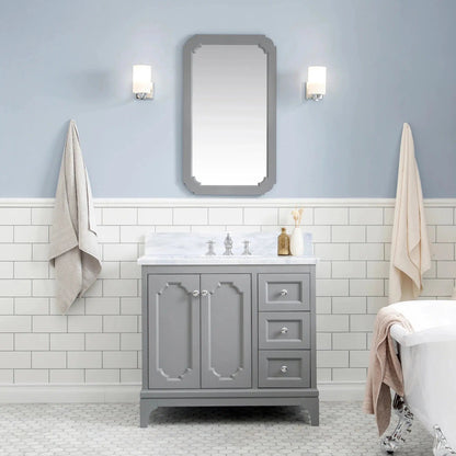 Water Creation Queen 36" Single Sink Carrara White Marble Countertop Vanity in Cashmere Grey with Hook Faucet and Mirror