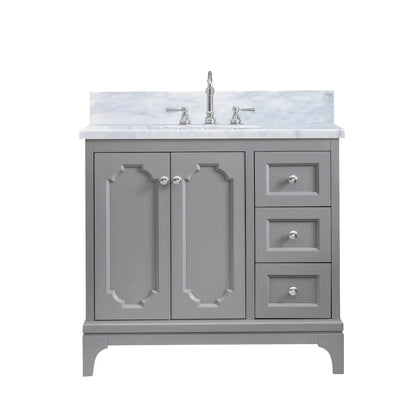 Water Creation Queen 36" Single Sink Carrara White Marble Countertop Vanity in Cashmere Grey with Hook Faucet