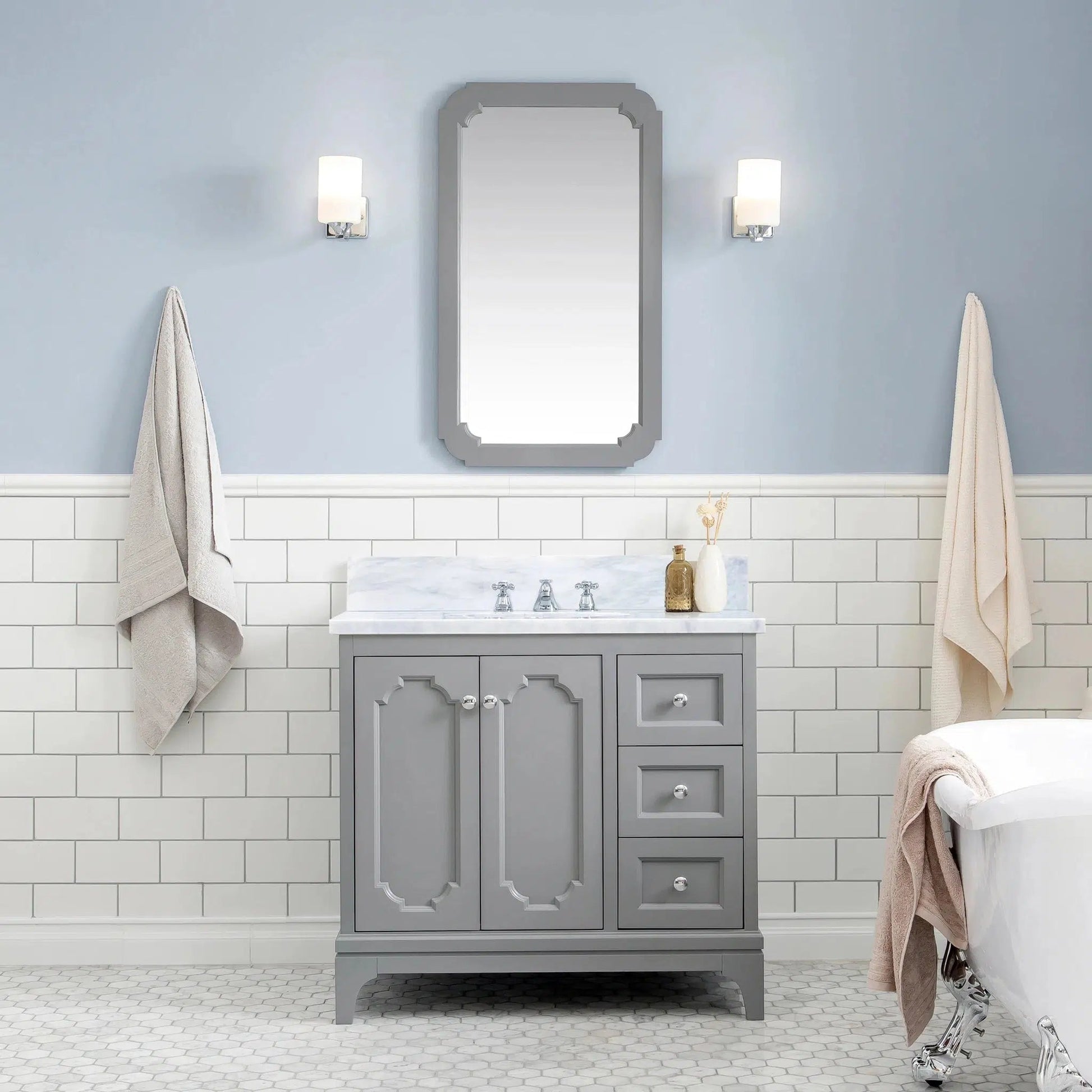 Water Creation Queen 36" Single Sink Carrara White Marble Countertop Vanity in Cashmere Grey with Mirror