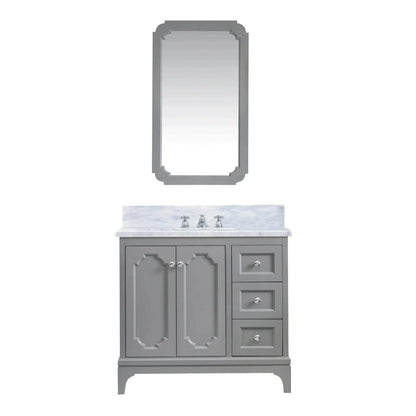 Water Creation Queen 36" Single Sink Carrara White Marble Countertop Vanity in Cashmere Grey with Mirror