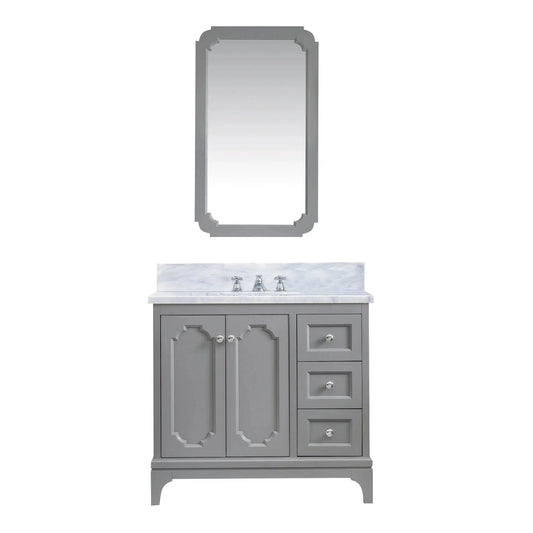 Water Creation Queen 36" Single Sink Carrara White Marble Countertop Vanity in Cashmere Grey with Mirror