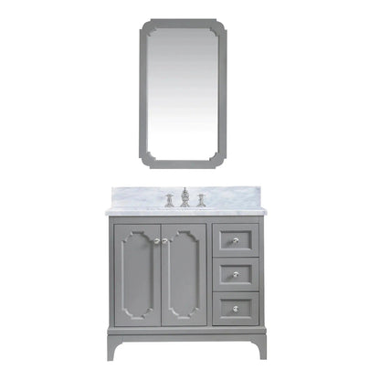 Water Creation Queen 36" Single Sink Carrara White Marble Countertop Vanity in Cashmere Grey with Waterfall Faucet and Mirror