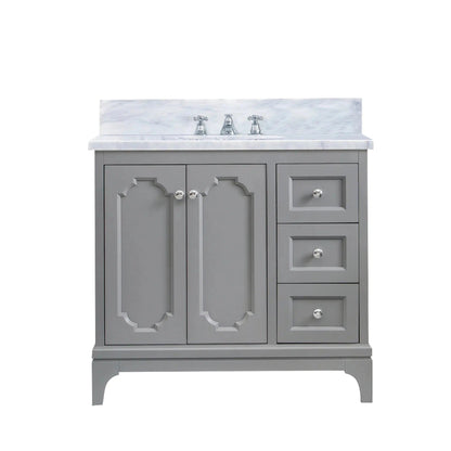 Water Creation Queen 36" Single Sink Carrara White Marble Countertop Vanity in Cashmere Grey
