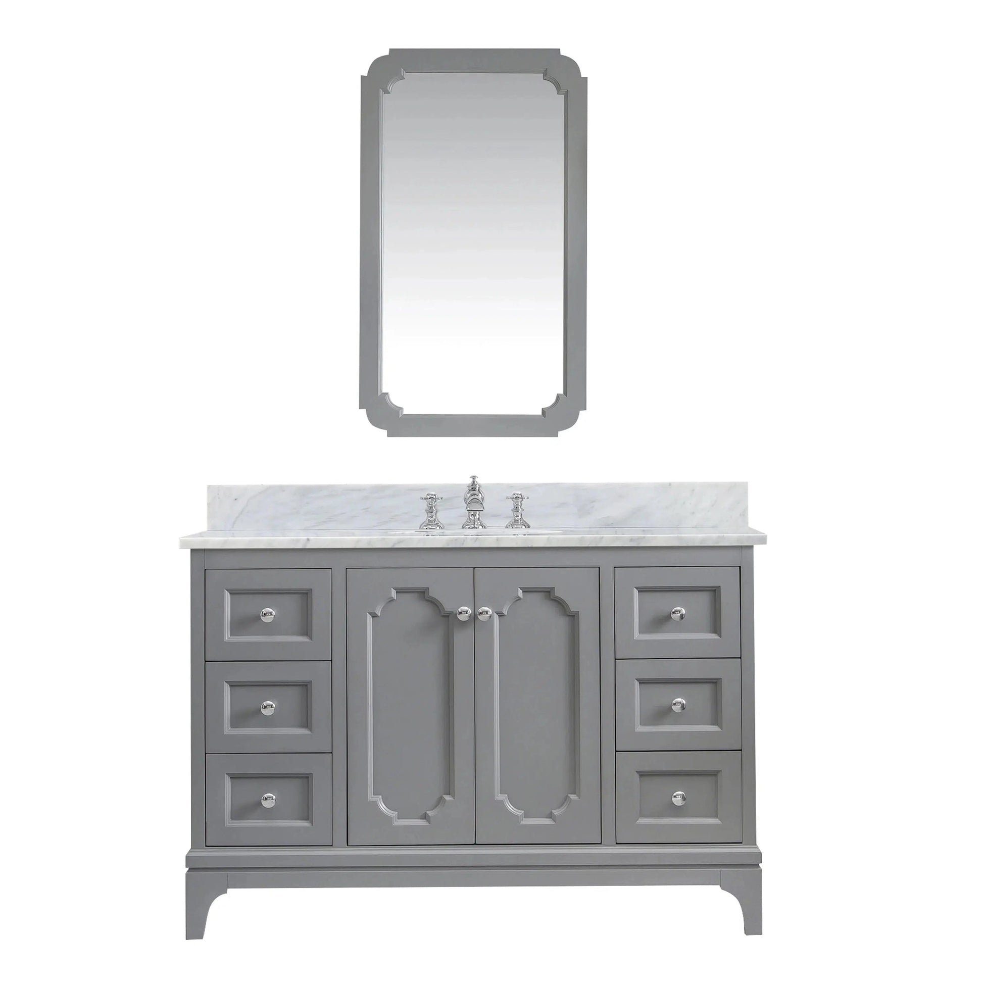 Water Creation Queen 48" Single Sink Carrara White Marble Countertop Vanity in Cashmere Grey with Hook Faucet and Mirror
