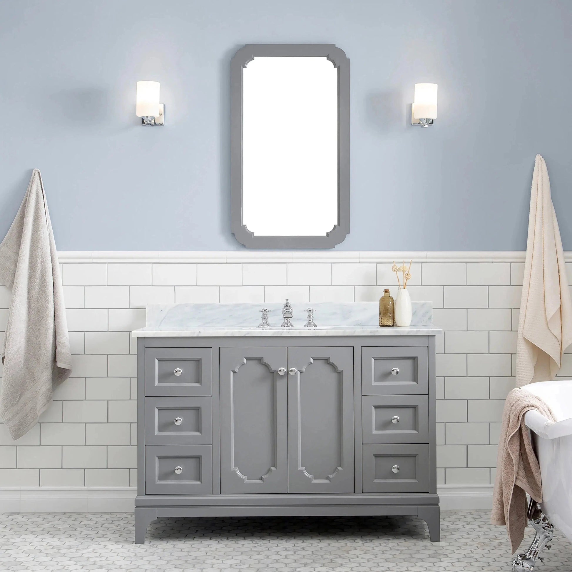 Water Creation Queen 48" Single Sink Carrara White Marble Countertop Vanity in Cashmere Grey with Waterfall Faucet and Mirror