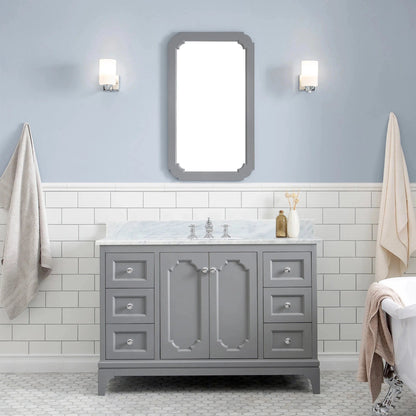 Water Creation Queen 48" Single Sink Carrara White Marble Countertop Vanity in Cashmere Grey with Waterfall Faucet and Mirror