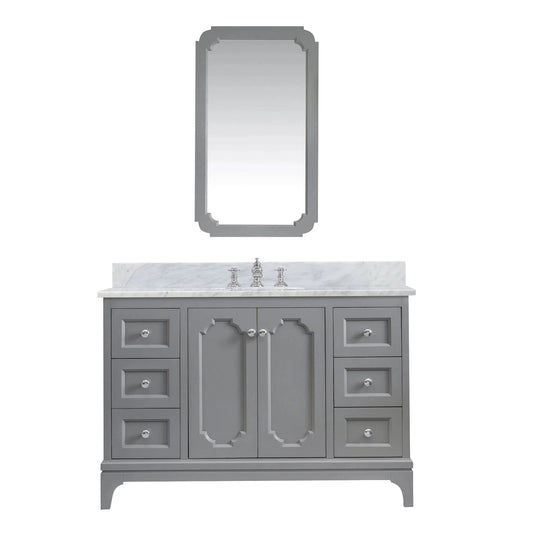 Water Creation Queen 48" Single Sink Carrara White Marble Countertop Vanity in Cashmere Grey with Waterfall Faucet and Mirror