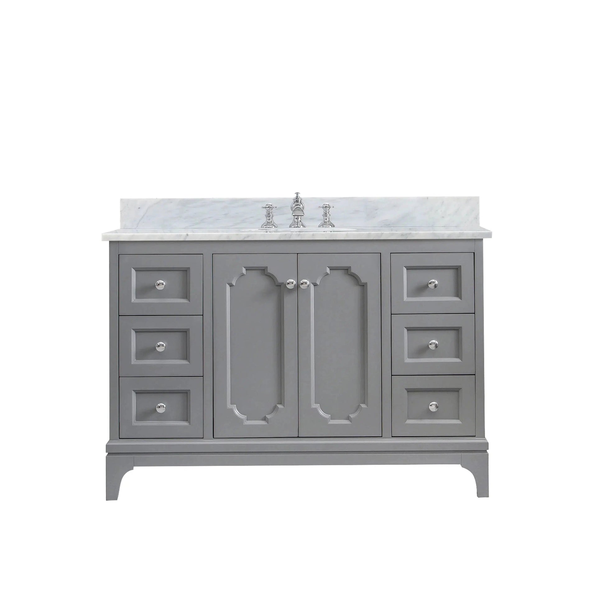 Water Creation Queen 48" Single Sink Carrara White Marble Countertop Vanity in Cashmere Grey with Waterfall Faucet