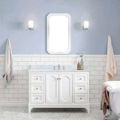 Water Creation Queen 48" Single Sink Carrara White Marble Countertop Vanity in Pure White with Hook Faucet and Mirror