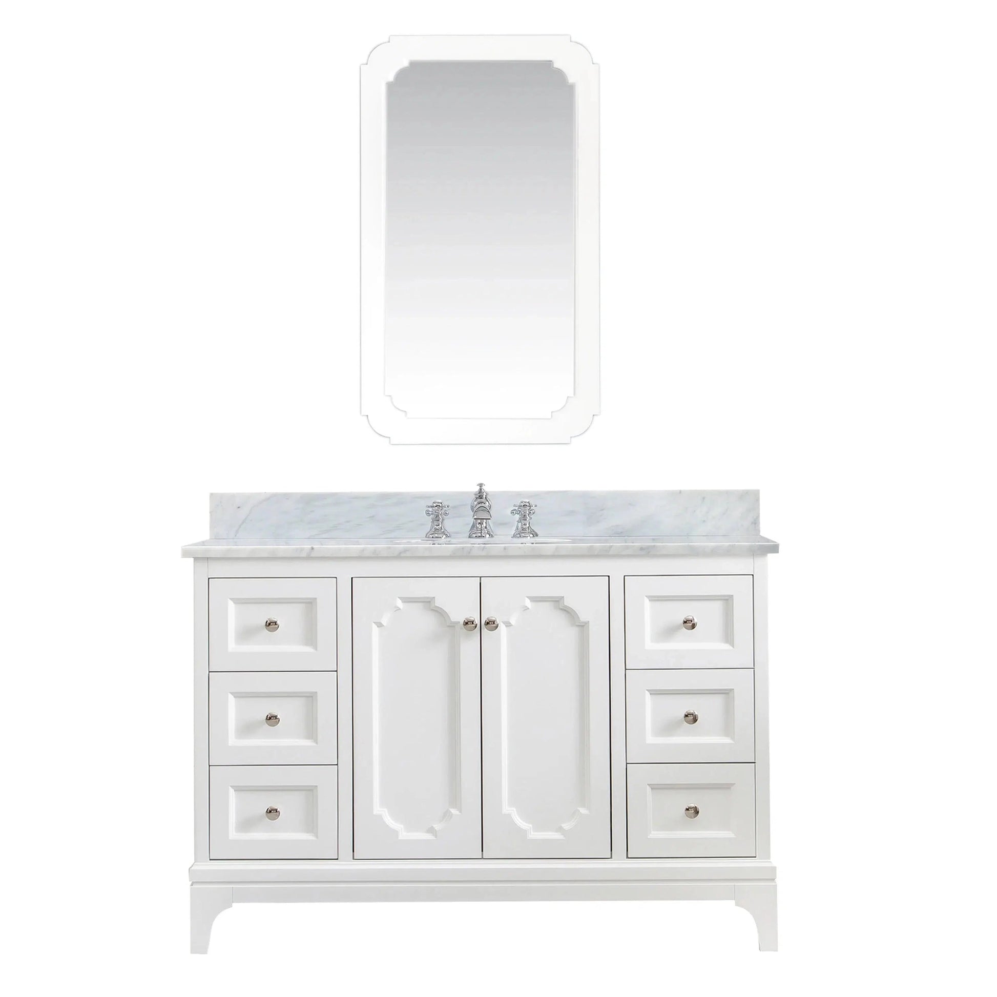 Water Creation Queen 48" Single Sink Carrara White Marble Countertop Vanity in Pure White with Hook Faucet and Mirror
