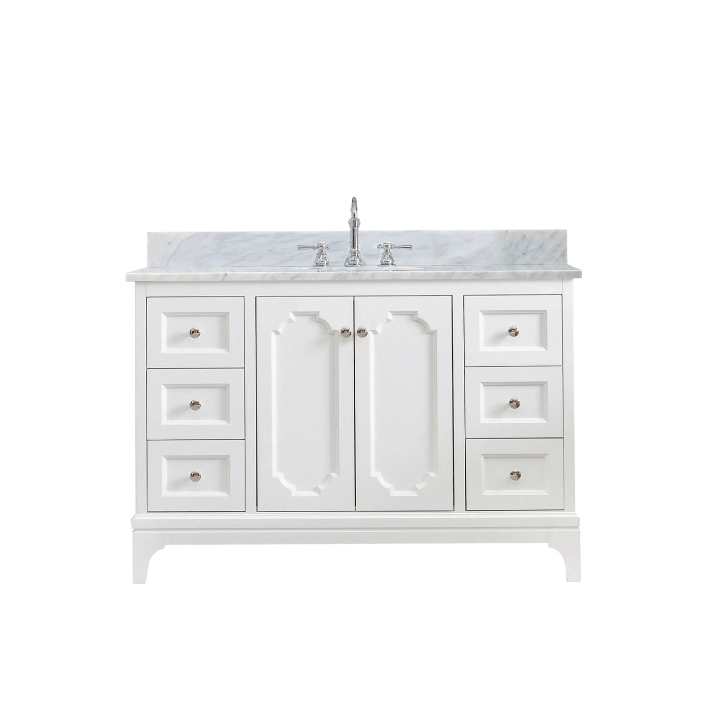 Water Creation Queen 48" Single Sink Carrara White Marble Countertop Vanity in Pure White with Hook Faucet