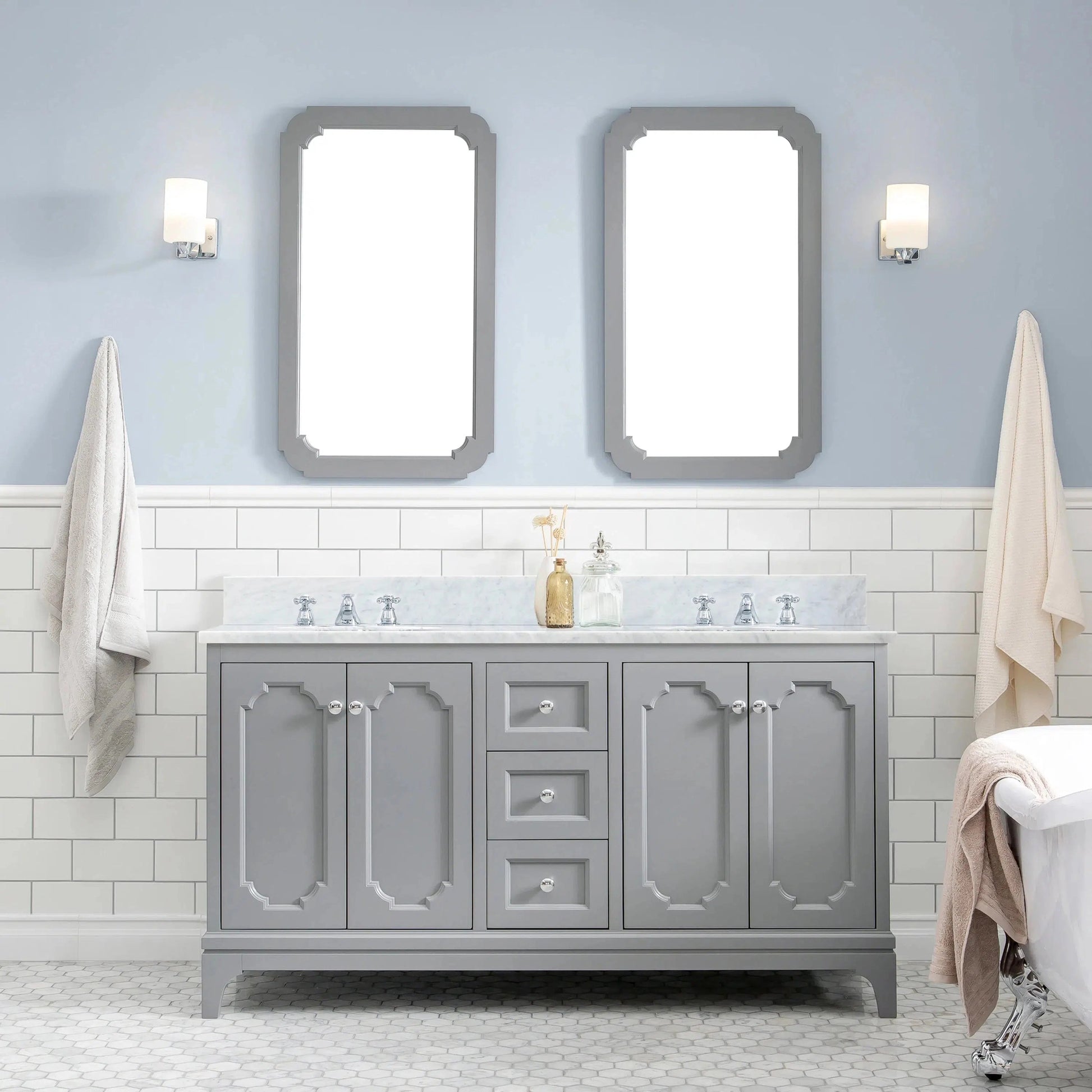 Water Creation Queen 60" Double Sink Carrara White Marble Countertop Vanity in Cashmere Grey