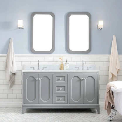Water Creation Queen 60" Double Sink Carrara White Marble Countertop Vanity in Cashmere Grey with Hook Faucets and Mirrors