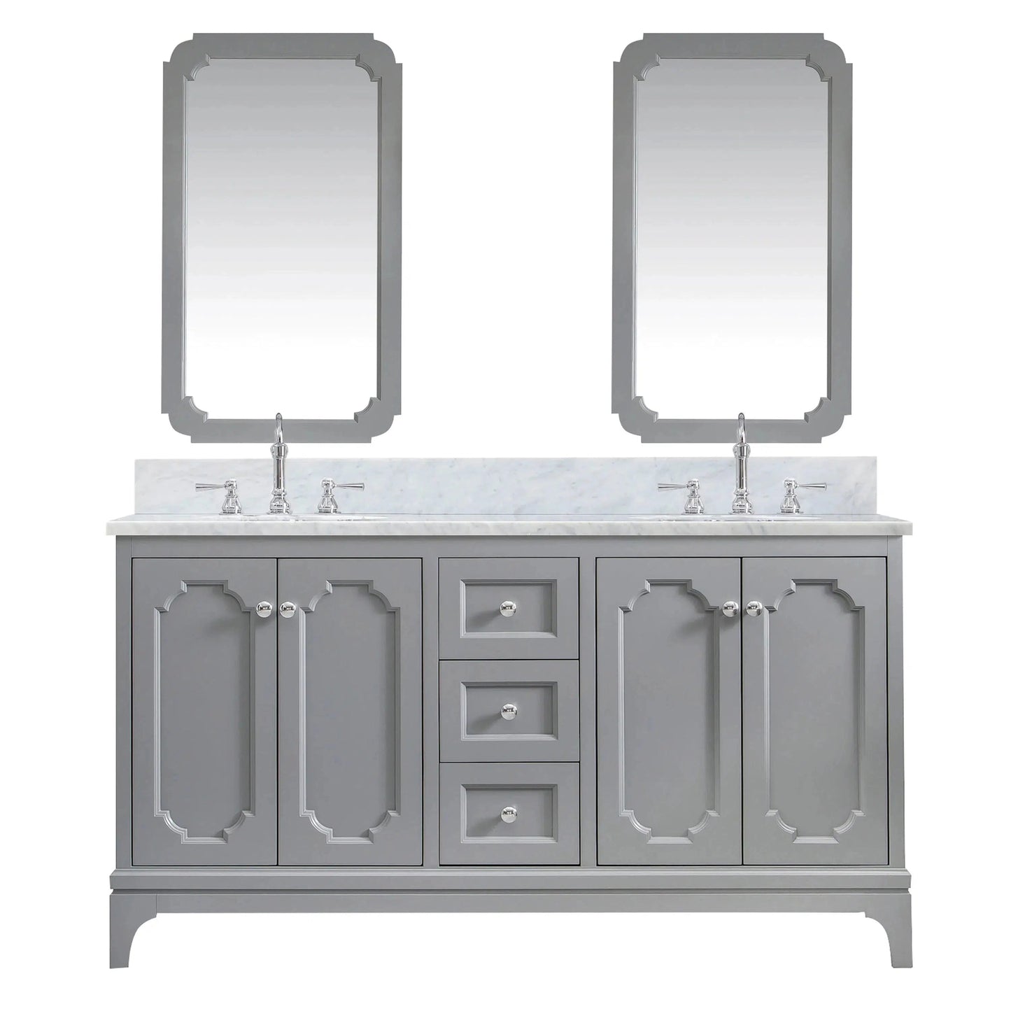 Water Creation Queen 60" Double Sink Carrara White Marble Countertop Vanity in Cashmere Grey with Hook Faucets and Mirrors
