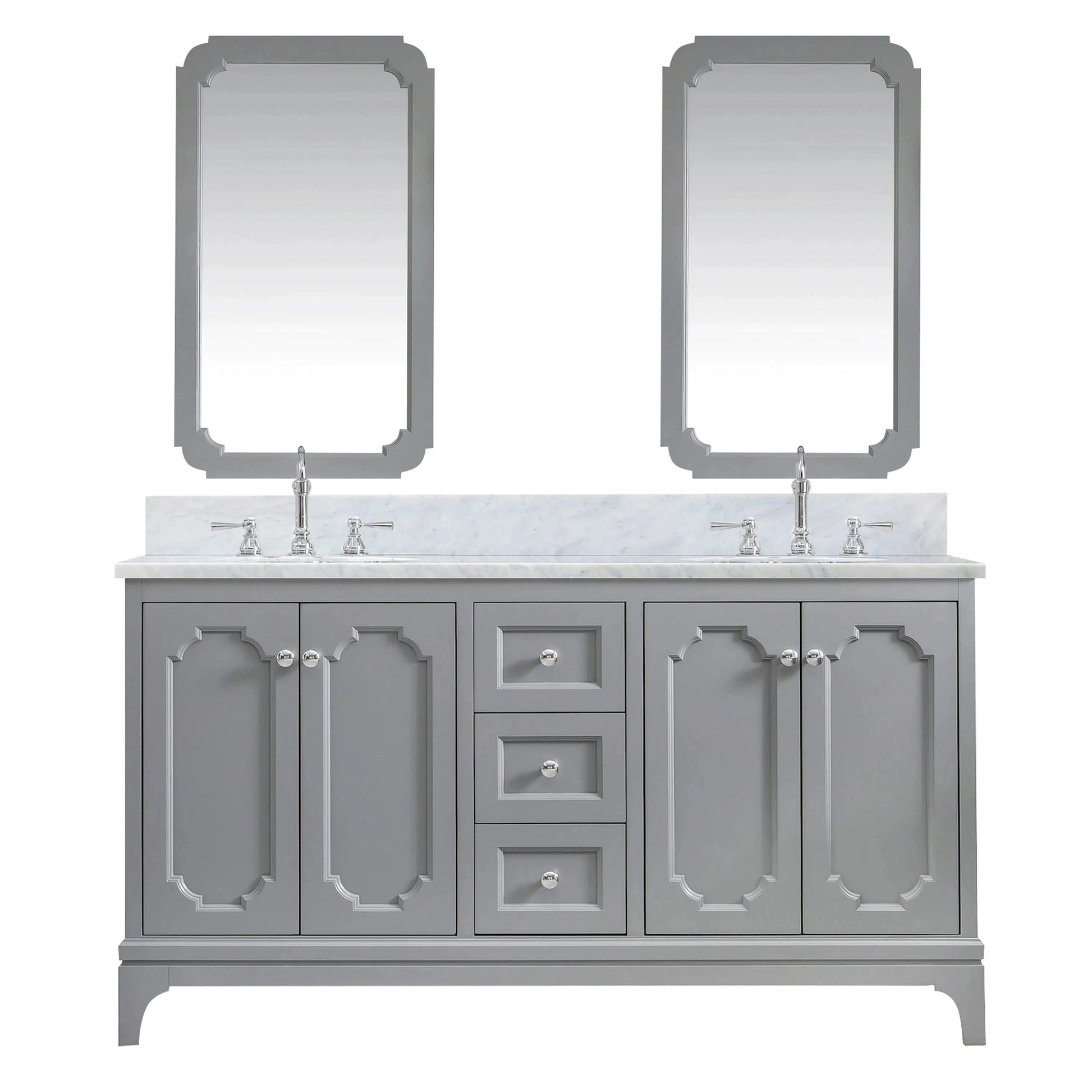 Water Creation Queen 60" Double Sink Carrara White Marble Countertop Vanity in Cashmere Grey with Hook Faucets and Mirrors