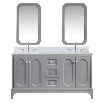 Water Creation Queen 60" Double Sink Carrara White Marble Countertop Vanity in Cashmere Grey with Hook Faucets and Mirrors