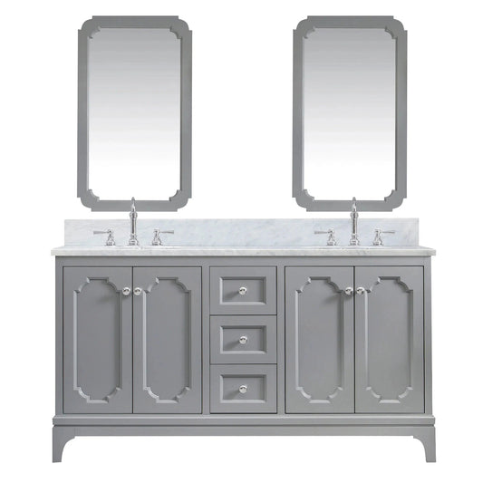 Water Creation Queen 60" Double Sink Carrara White Marble Countertop Vanity in Cashmere Grey with Hook Faucets and Mirrors