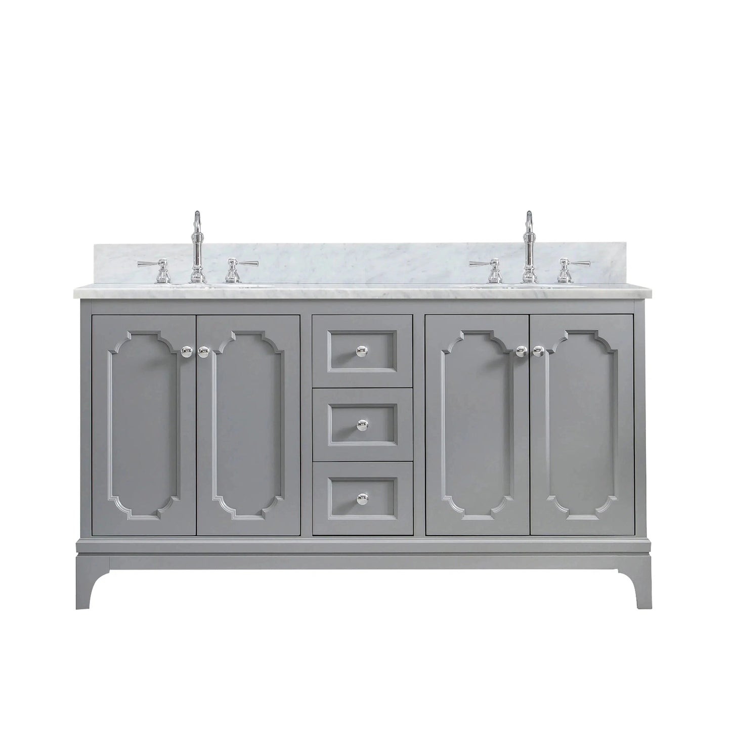 Water Creation Queen 60" Double Sink Carrara White Marble Countertop Vanity in Cashmere Grey with Hook Faucets
