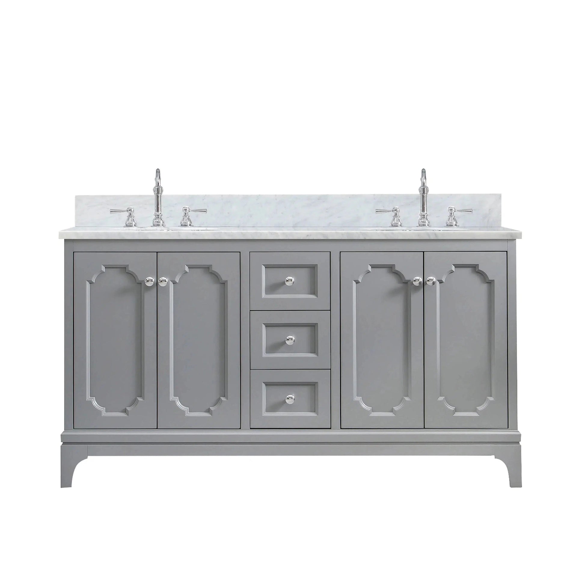 Water Creation Queen 60" Double Sink Carrara White Marble Countertop Vanity in Cashmere Grey with Hook Faucets