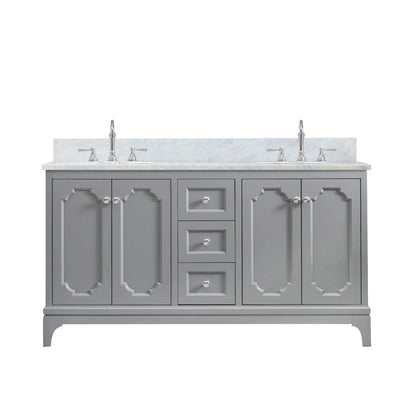 Water Creation Queen 60" Double Sink Carrara White Marble Countertop Vanity in Cashmere Grey with Hook Faucets