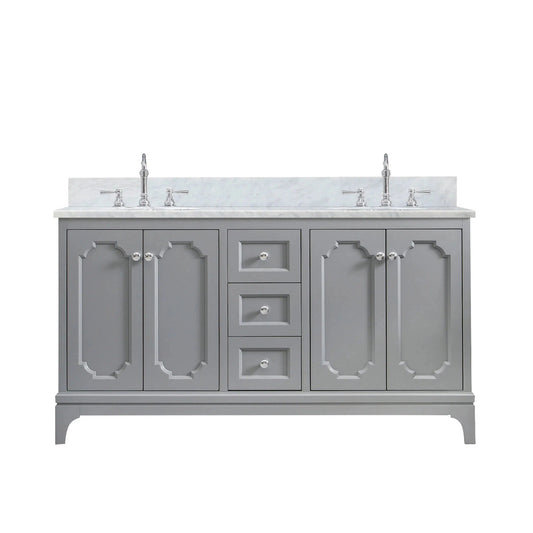 Water Creation Queen 60" Double Sink Carrara White Marble Countertop Vanity in Cashmere Grey with Hook Faucets