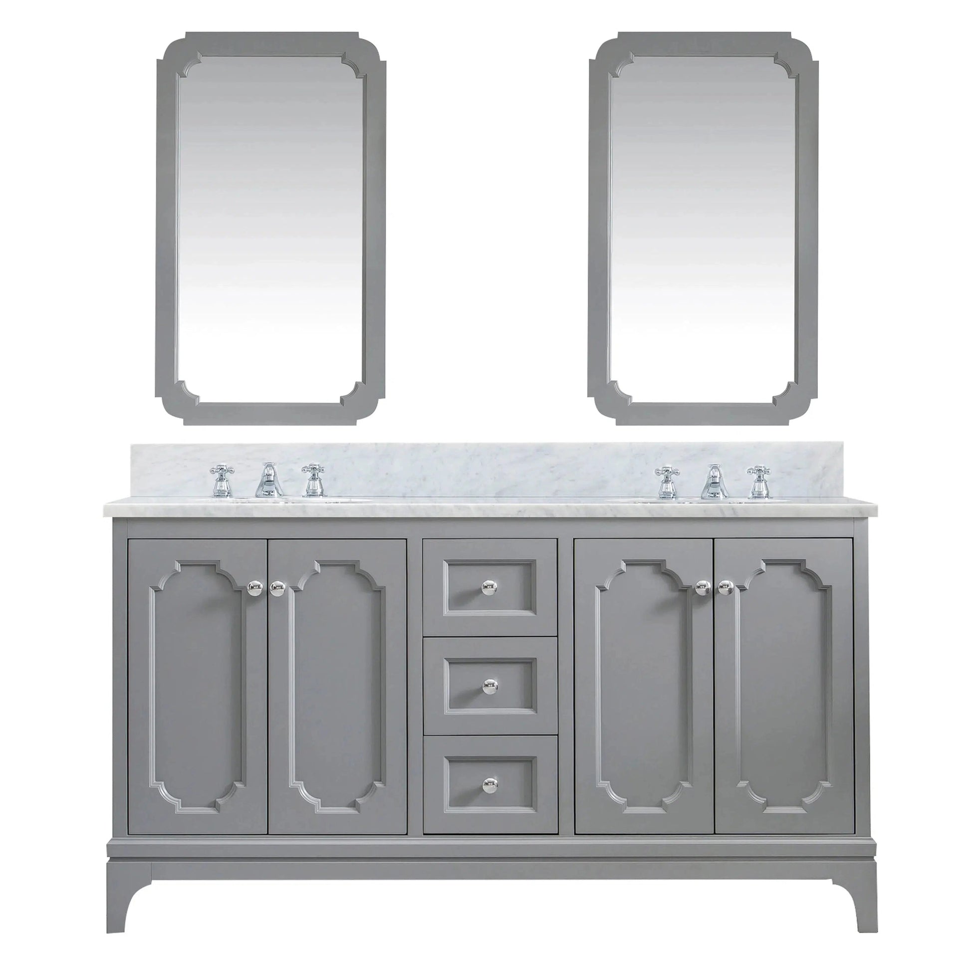 Water Creation Queen 60" Double Sink Carrara White Marble Countertop Vanity in Cashmere Grey with Mirrors