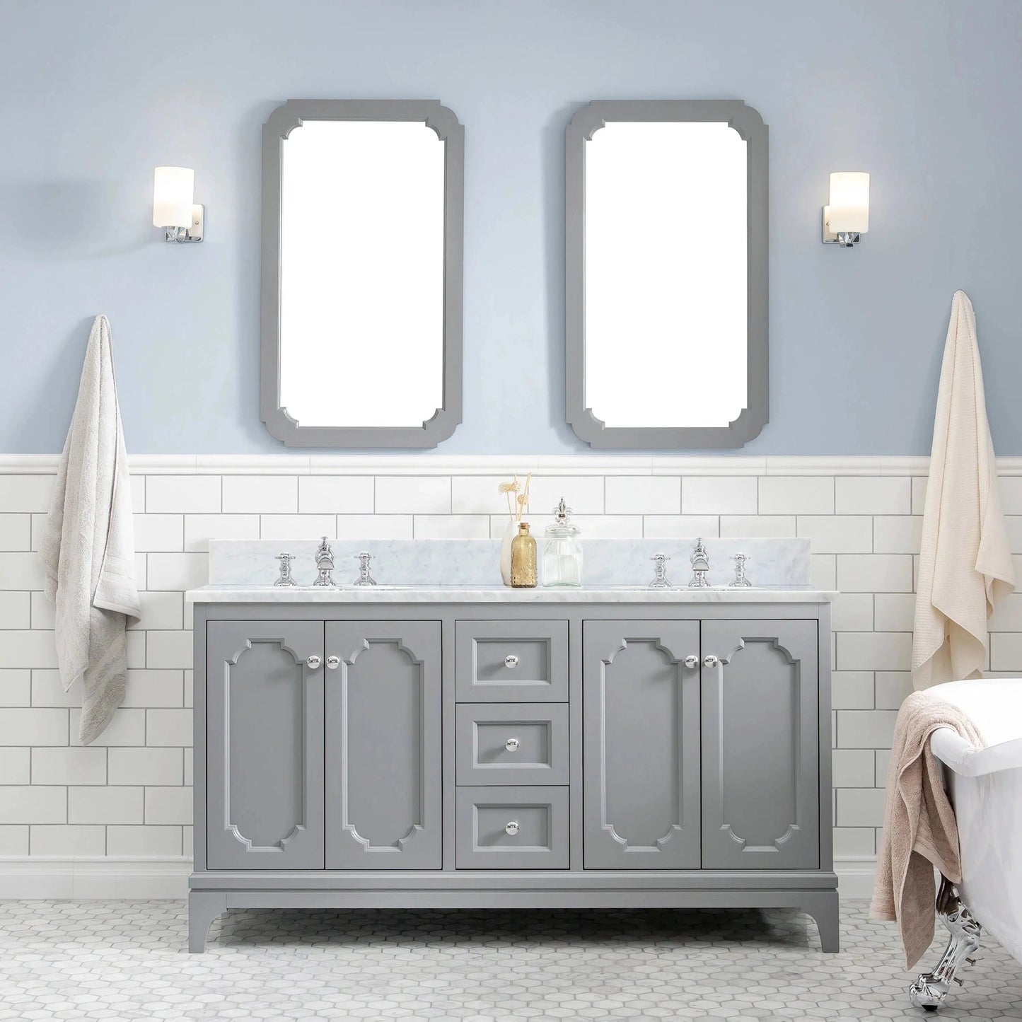 Water Creation Queen 60" Double Sink Carrara White Marble Countertop Vanity in Cashmere Grey with Waterfall Faucets and Mirrors