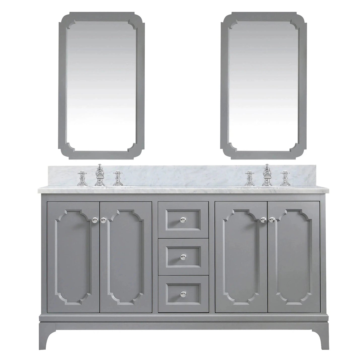 Water Creation Queen 60" Double Sink Carrara White Marble Countertop Vanity in Cashmere Grey with Waterfall Faucets and Mirrors