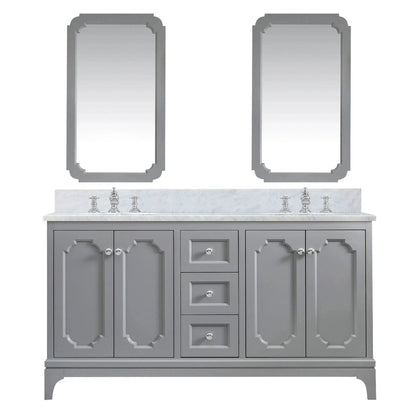 Water Creation Queen 60" Double Sink Carrara White Marble Countertop Vanity in Cashmere Grey with Waterfall Faucets and Mirrors
