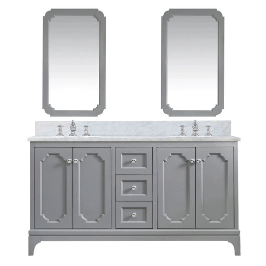 Water Creation Queen 60" Double Sink Carrara White Marble Countertop Vanity in Cashmere Grey with Waterfall Faucets and Mirrors