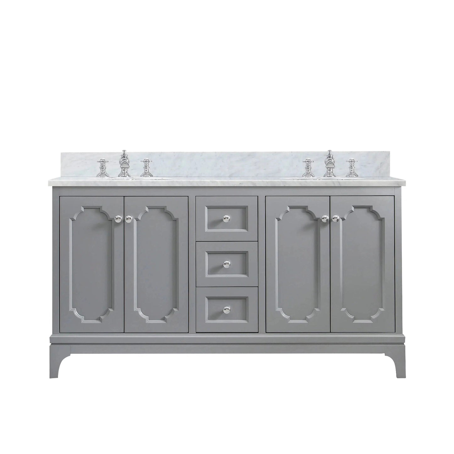 Water Creation Queen 60" Double Sink Carrara White Marble Countertop Vanity in Cashmere Grey with Waterfall Faucets