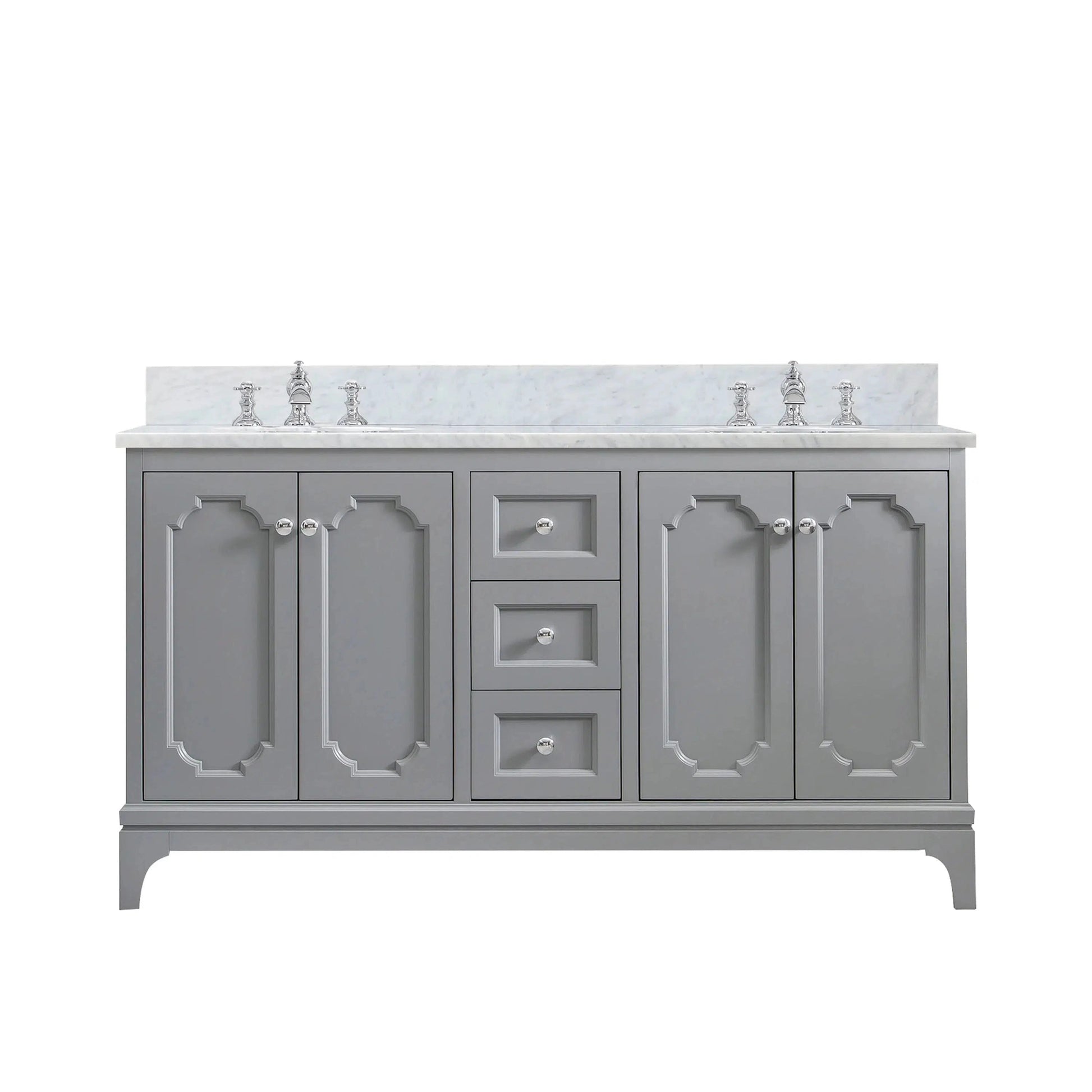 Water Creation Queen 60" Double Sink Carrara White Marble Countertop Vanity in Cashmere Grey with Waterfall Faucets
