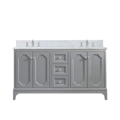 Water Creation Queen 60" Double Sink Carrara White Marble Countertop Vanity in Cashmere Grey with Waterfall Faucets