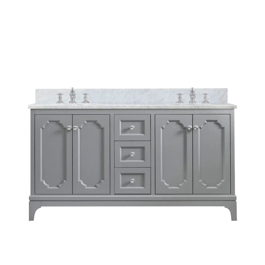 Water Creation Queen 60" Double Sink Carrara White Marble Countertop Vanity in Cashmere Grey with Waterfall Faucets