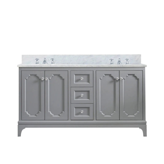 Water Creation Queen 60" Double Sink Carrara White Marble Countertop Vanity in Cashmere Grey