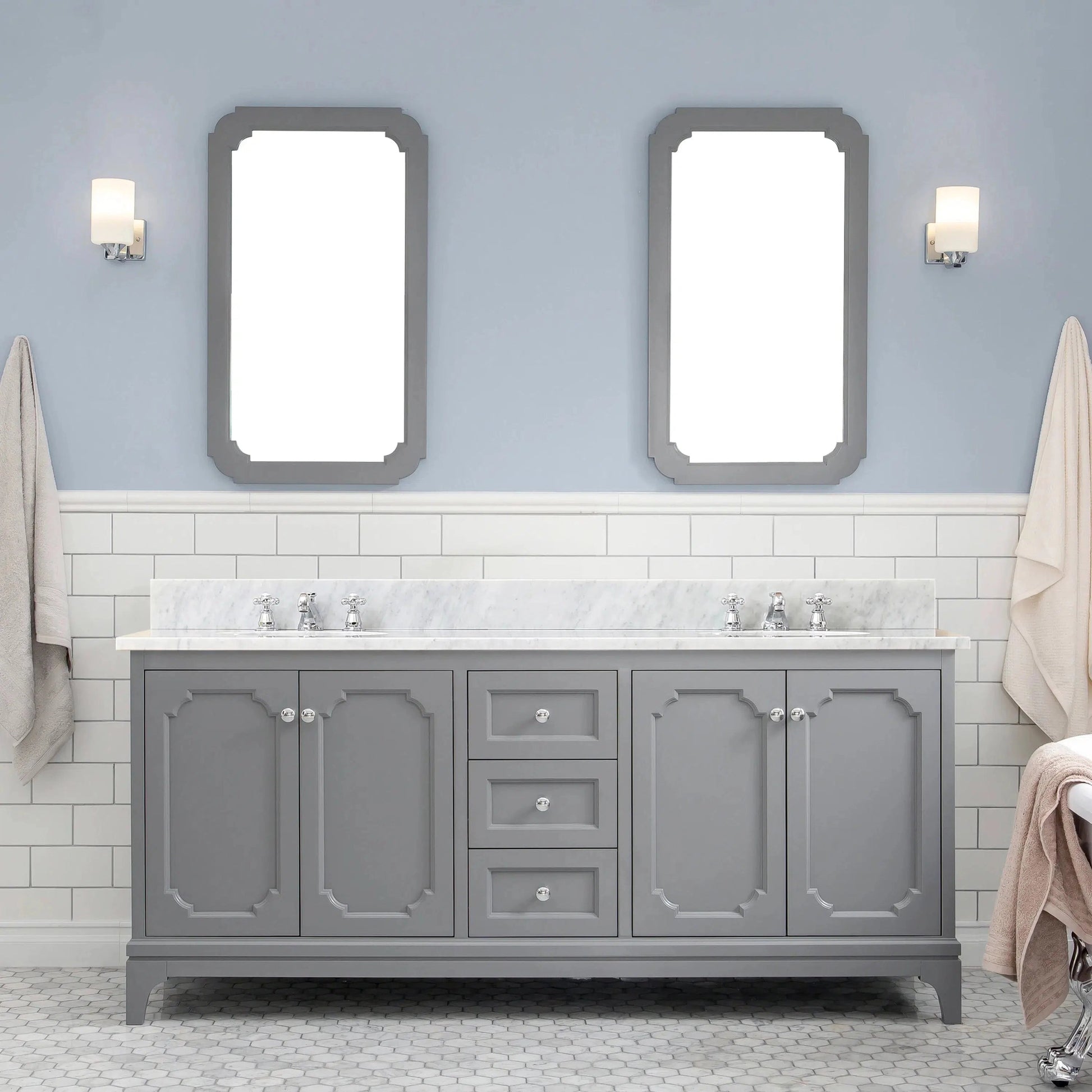 Water Creation Queen 72" Double Sink Carrara White Marble Countertop Vanity in Cashmere Grey