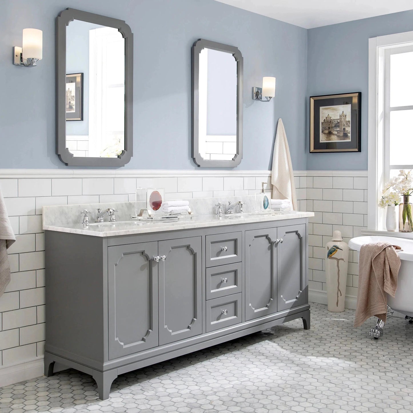 Water Creation Queen 72" Double Sink Carrara White Marble Countertop Vanity in Cashmere Grey