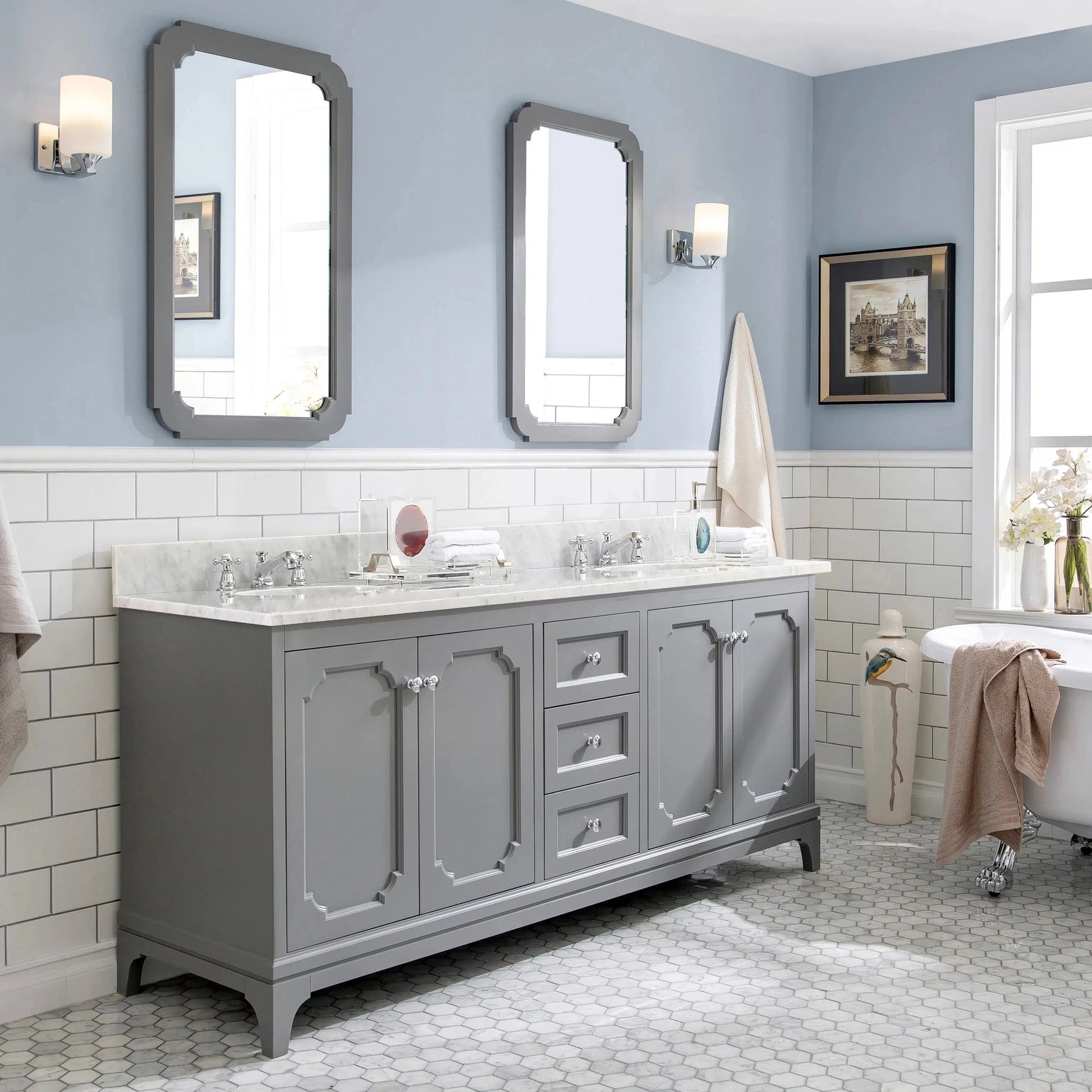 Water Creation Queen 72" Double Sink Carrara White Marble Countertop Vanity in Cashmere Grey