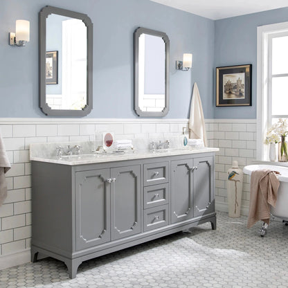 Water Creation Queen 72" Double Sink Carrara White Marble Countertop Vanity in Cashmere Grey with Classic Faucets
