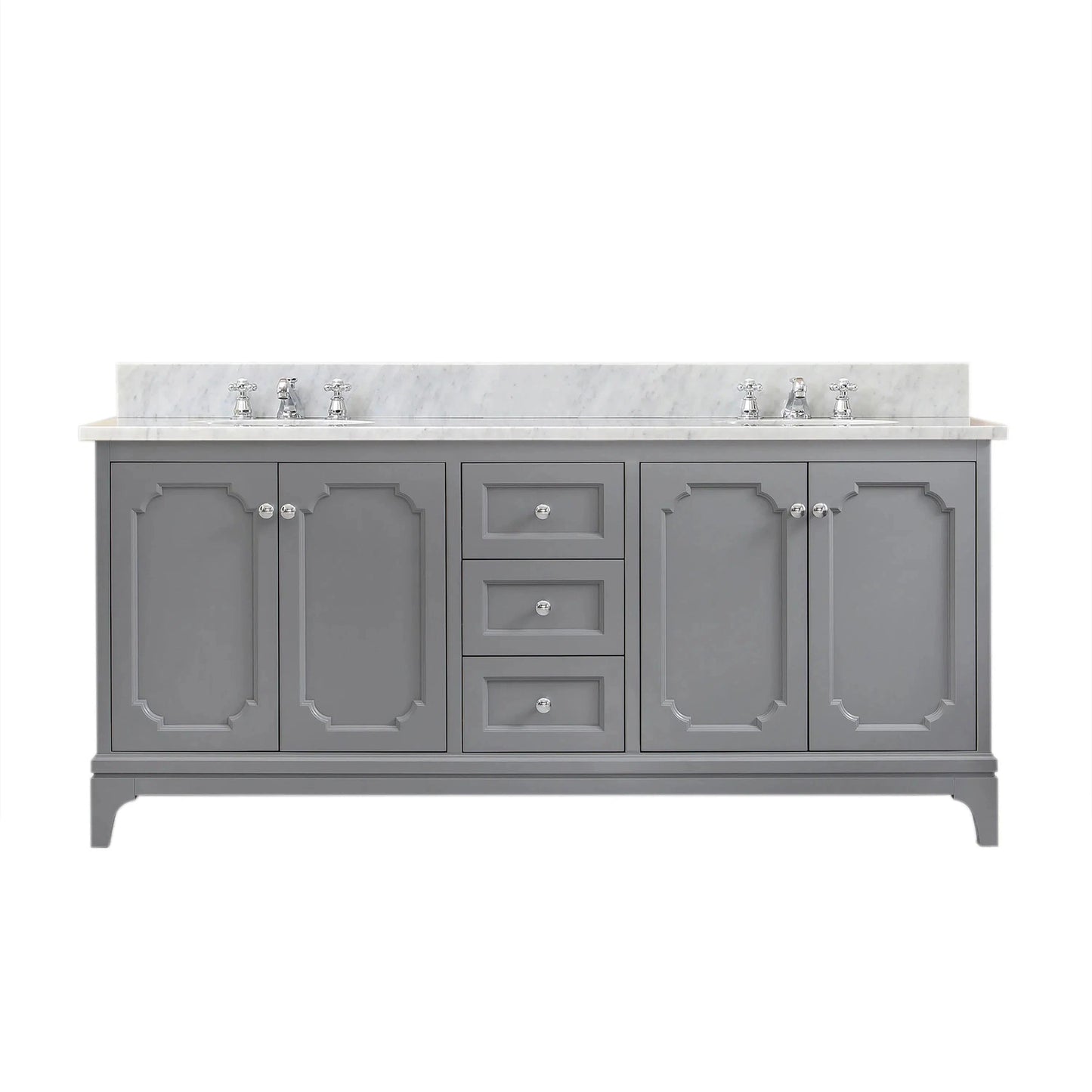 Water Creation Queen 72" Double Sink Carrara White Marble Countertop Vanity in Cashmere Grey with Classic Faucets