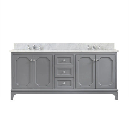 Water Creation Queen 72" Double Sink Carrara White Marble Countertop Vanity in Cashmere Grey with Classic Faucets