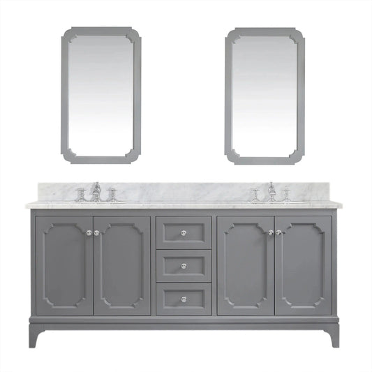 Water Creation Queen 72" Double Sink Carrara White Marble Countertop Vanity in Cashmere Grey with Hook Faucets and Mirrors