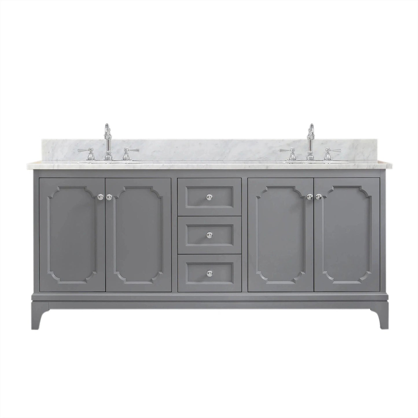 Water Creation Queen 72" Double Sink Carrara White Marble Countertop Vanity in Cashmere Grey with Hook Faucets