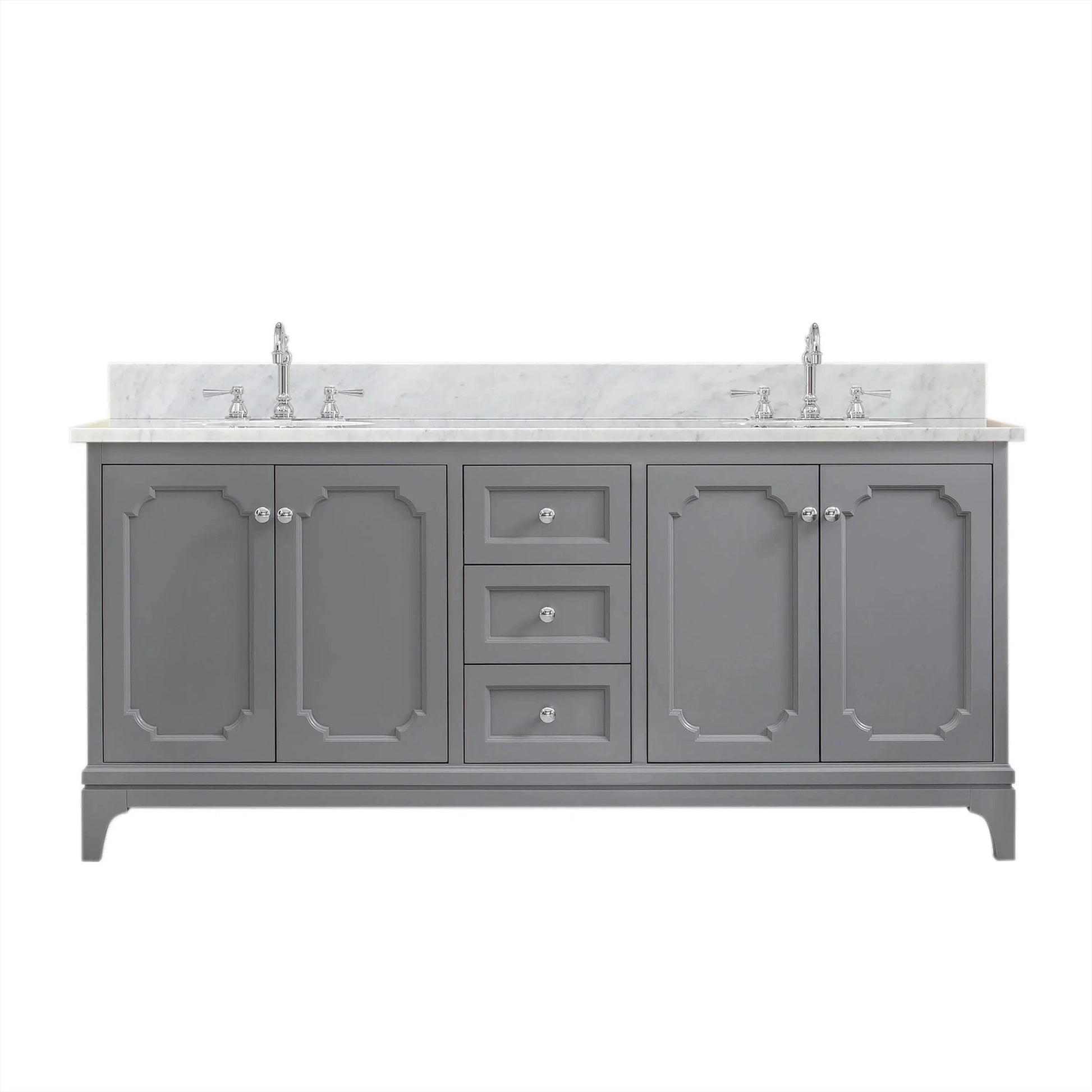 Water Creation Queen 72" Double Sink Carrara White Marble Countertop Vanity in Cashmere Grey with Hook Faucets