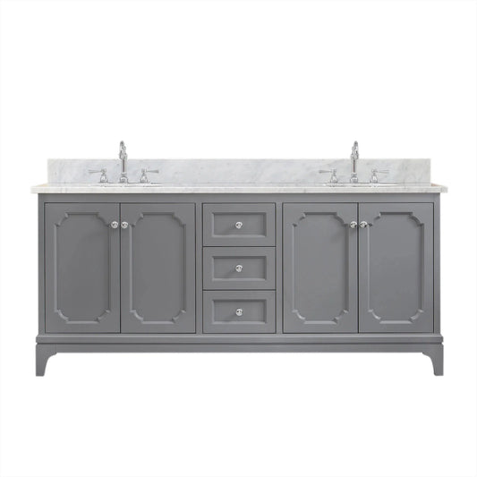 Water Creation Queen 72" Double Sink Carrara White Marble Countertop Vanity in Cashmere Grey with Hook Faucets