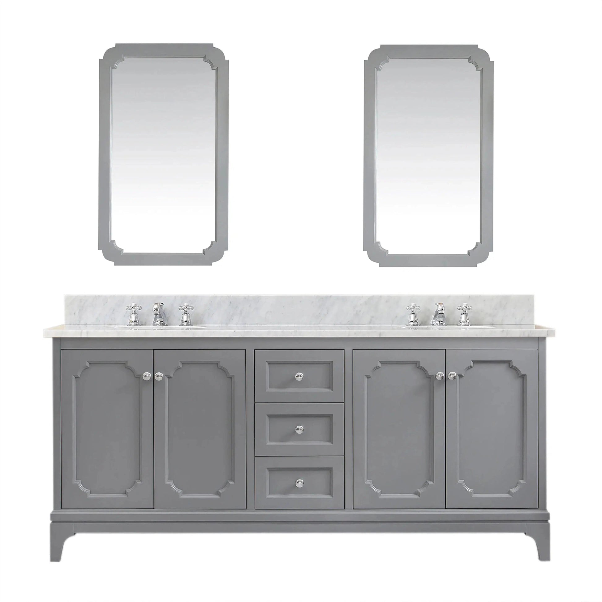 Water Creation Queen 72" Double Sink Carrara White Marble Countertop Vanity in Cashmere Grey with Mirrors