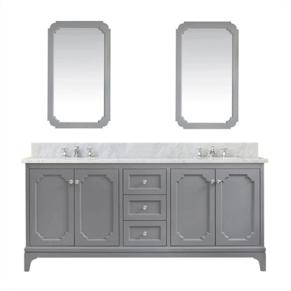 Water Creation Queen 72" Double Sink Carrara White Marble Countertop Vanity in Cashmere Grey with Mirrors