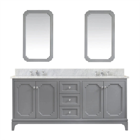 Water Creation Queen 72" Double Sink Carrara White Marble Countertop Vanity in Cashmere Grey with Mirrors